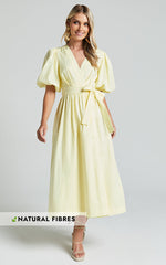 Amalie The Label - Franc Linen Puff Sleeve Wrap Midi Linen Dress in Lemon