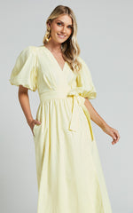 Amalie The Label - Franc Linen Puff Sleeve Wrap Midi Linen Dress in Lemon