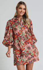 Amalie The Label - Hanae Linen Blend Collared Button Through Puff Sleeve Shirt in Musee Print