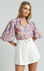 Amalie The Label - Sabine Puff Sleeve Button Through Blouse in Aurora Print