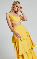 Amalie The Label - Kaleigh Linen Blend Bralette and Tiered Maxi Skirt Two Piece Set in Yellow