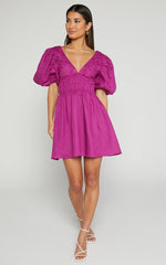 Amalie The Label - Khaila Linen Plunge Puff Sleeve Mini Linen Dress in Mulberry