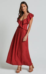Amalie The Label - Marisole Linen Blend Frill Detail Backless Midi Dress in Burnt Sienna