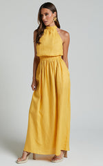 Amalie The Label - Shepard Linen Blend Halter Neck Maxi Dress in Yellow