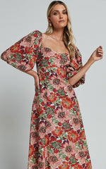 Amalie The Label - Catalina Linen Blend Sweetheart Balloon Sleeve Midi Dress in Musee Print