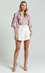 Amalie The Label - Noemie Linen Blend High Waisted Belted Tailored Shorts in White