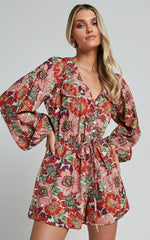 Amalie The Label - Soliel Linen Blend Long Bishop Sleeve Playsuit in Musee Print