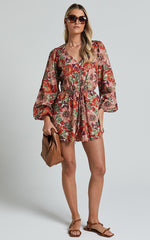 Amalie The Label - Soliel Linen Blend Long Bishop Sleeve Playsuit in Musee Print