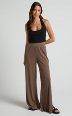 Amalthea Pants - High Waisted Jersey Rib Wide Leg Pants in Mocha