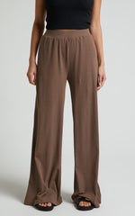 Amalthea Pants - High Waisted Jersey Rib Wide Leg Pants in Mocha