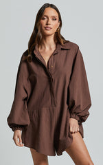 Anka Playsuit - Relaxed Button Front Shirt Playsuit in Chocolate