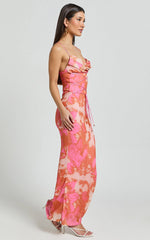 Ariel Midi Dress - Mesh Bodycon Tie Detail Dress in Pink Blur Print