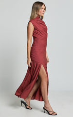 Arielle Maxi Linen Blend Dress - High Neck Thigh Split Slip Dress in Rust