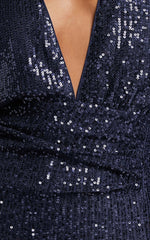 Arlington Midi Dress - Sequin Long Sleeve Dress in Midnight Navy