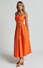 Astrid Two Piece Set - Ruched Chest Top and Midi Skirt Set in Orange