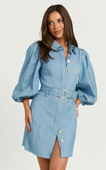 Aubrie Mini Dress - Blouson Sleeve Button Through Belted Dress with Hardware Detail in Light Blue