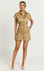 Audette Mini Dress -Short Sleeve Button Through Dress in Brown