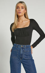Audrey Top - Long Sleeve Square Neck Ruched Bodice in Black