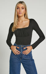 Audrey Top - Long Sleeve Square Neck Ruched Bodice in Black