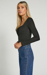 Audrey Top - Long Sleeve Square Neck Ruched Bodice in Black