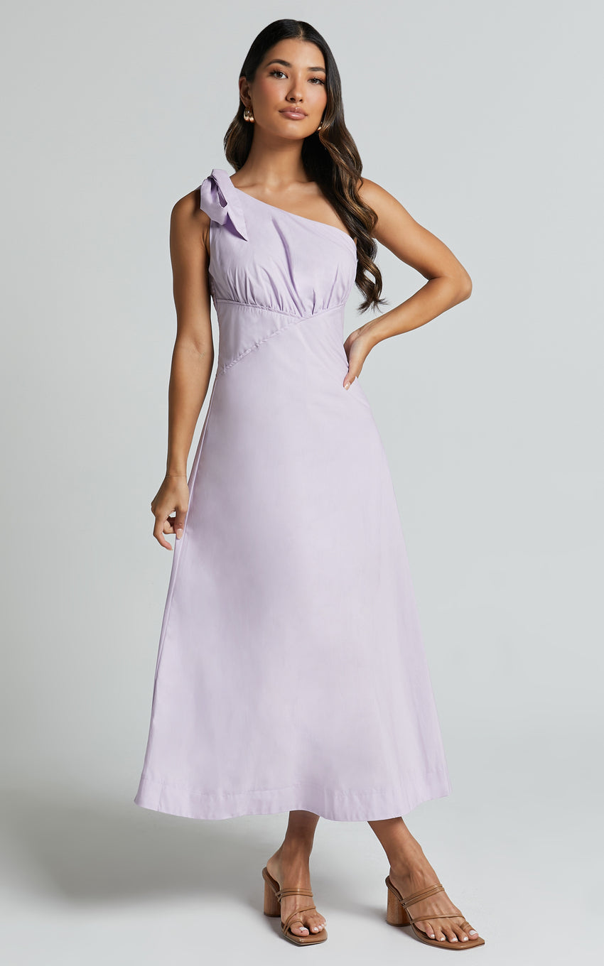 Ayah Midi Dress - One Shoulder Bow Detail Midi Dress in Lilac