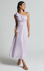Ayah Midi Dress - One Shoulder Bow Detail Midi Dress in Lilac