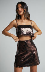 Barlyn Mini Skirt - High Waisted Aline Flat Sequin Skirt in Chocolate