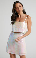 Barlyn Mini Skirt - High Waisted Aline Flat Sequin Skirt in Pearl