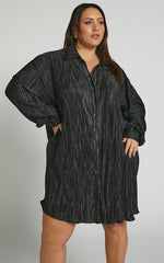 Beca Mini Dress - Crinkle Button Up Shirt Dress with Buckle Hardware Detail in Black