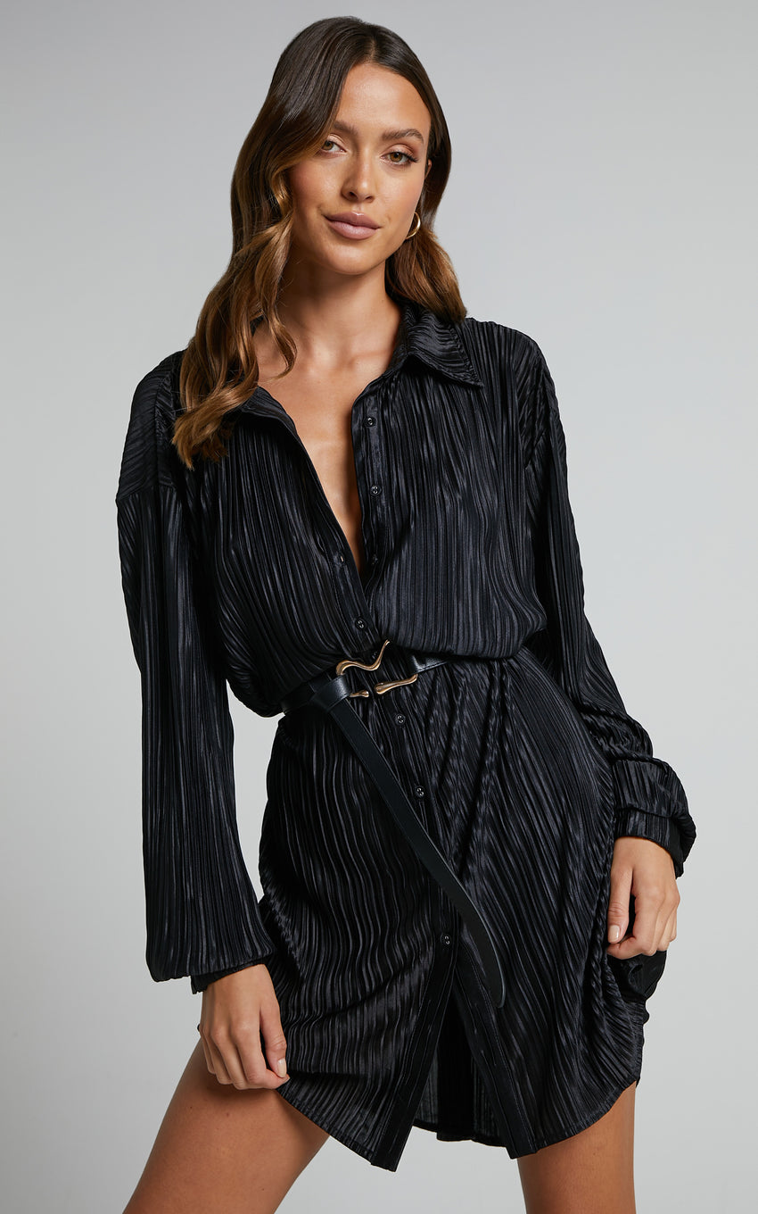Beca Mini Dress - Crinkle Button Up Shirt Dress with Buckle Hardware Detail in Black