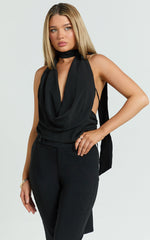Berlina Top - Halter Neck Cowl Scarf Top in Black