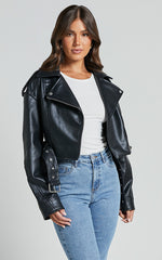 Bertha Jacket - Faux Leather Biker Jacket in Black