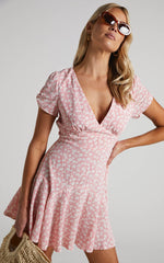 Bettina Mini Dress - Short Sleeve Dress in Pink Floral