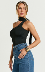Betty Top - One Shoulder Halter Neck Scarf Top in Black