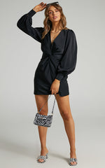 Billie Mini Dress - Twist Front Long Puff Sleeves Dress in Black