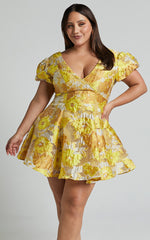 Brailey Jacquard Mini Dress - Puff Sleeve Dress in Yellow Floral