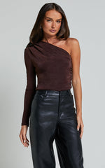 Bridgette Top - One Shoulder Long Sleeve Ruched Top in Chocolate