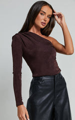 Bridgette Top - One Shoulder Long Sleeve Ruched Top in Chocolate