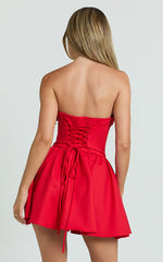 Brooke Mini Dress - Strapless Lace Trim Drop Waist Fit And Flare Dress in Red