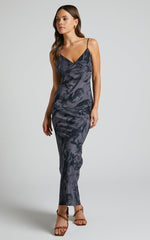 Brunita Midi Dress - V Neck Low Scoop Back Slip Dress in Charcoal Marble