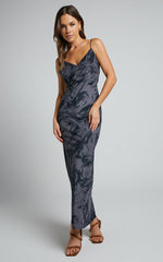 Brunita Midi Dress - V Neck Low Scoop Back Slip Dress in Charcoal Marble