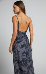 Brunita Midi Dress - V Neck Low Scoop Back Slip Dress in Charcoal Marble