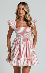 Brynlee Mini Dress - Elastic Chest Flutter Sleeve Hem Dress in Red Stripe