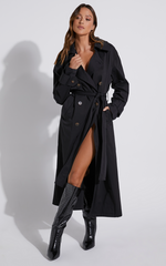 Avah Trench Coat - Double Breasted Tie Waist Coat in Black