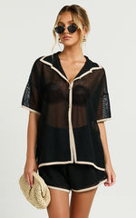 Cade Two Piece Top and  Shorts Set - Trim Knit Short Set in Black/Tan