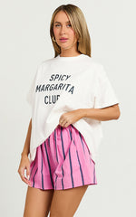 Camie Two Piece Top and Shorts Set -Spicy Margarita Club T-shirt Set in White/Pink