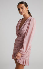 Can I Be Your Honey Mini Dress - Plunge Balloon Sleeve Dress in Dusty Pink
