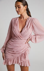 Can I Be Your Honey Mini Dress - Plunge Balloon Sleeve Dress in Dusty Pink