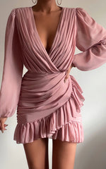 Can I Be Your Honey Mini Dress - Plunge Balloon Sleeve Dress in Dusty Pink