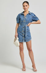 Cannes Mini Dress - Button Through Belted Recycled Denim Dress in Mid Blue Wash